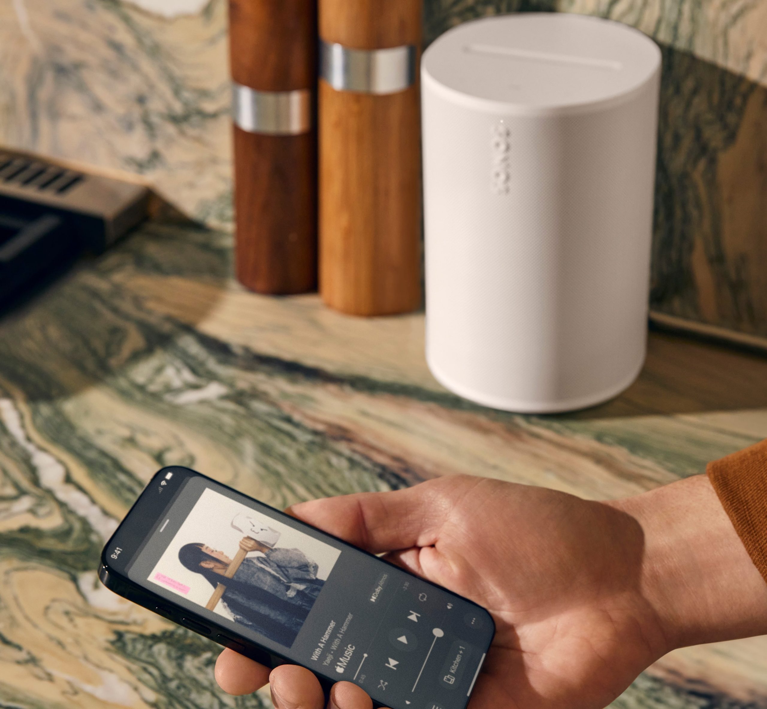 Sonos speakers on marble surface
