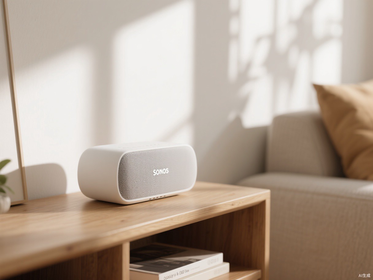 A white Sonos Era 300 speaker on a wooden shelf in a modern living room