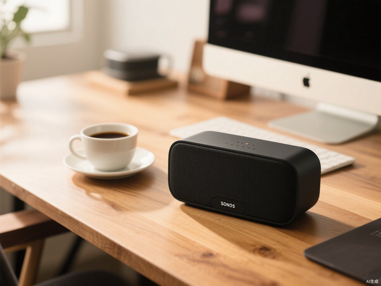 A black Sonos Era 100 speaker next to a coffee cup on a wooden desk in a home office