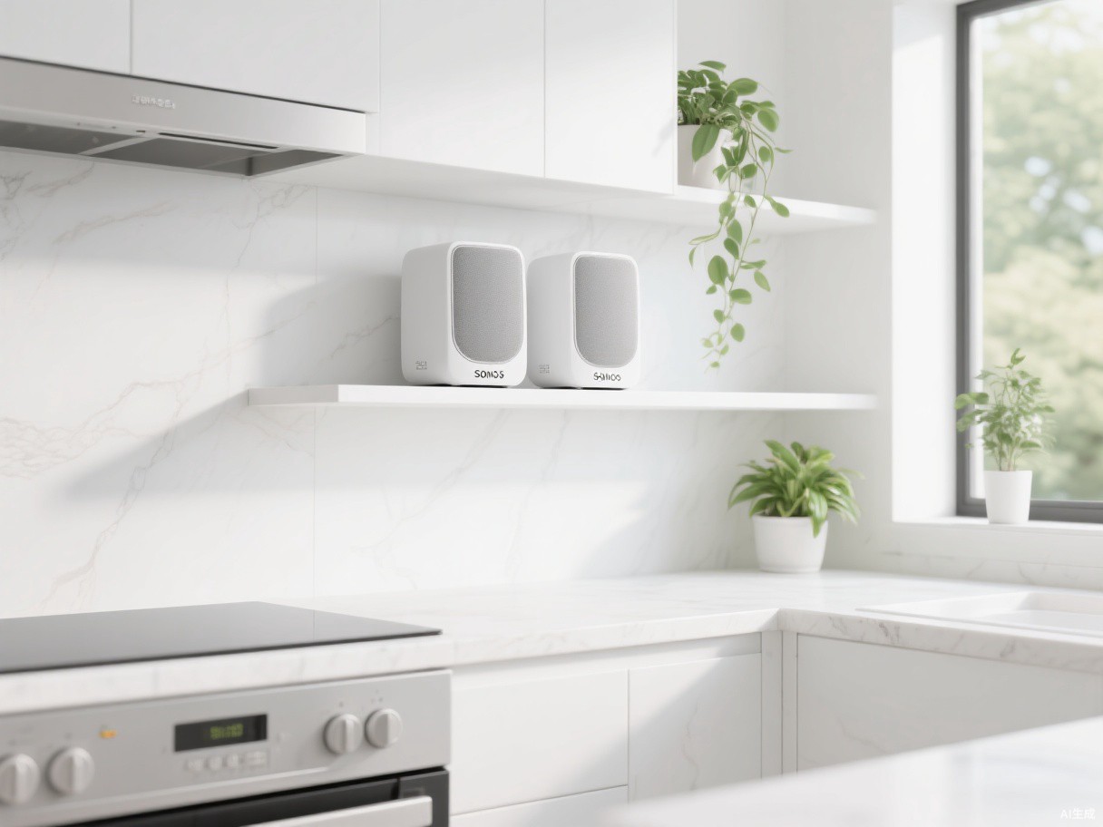 Two white Sonos One speakers as a stereo pair on floating shelves in a bright modern kitchen