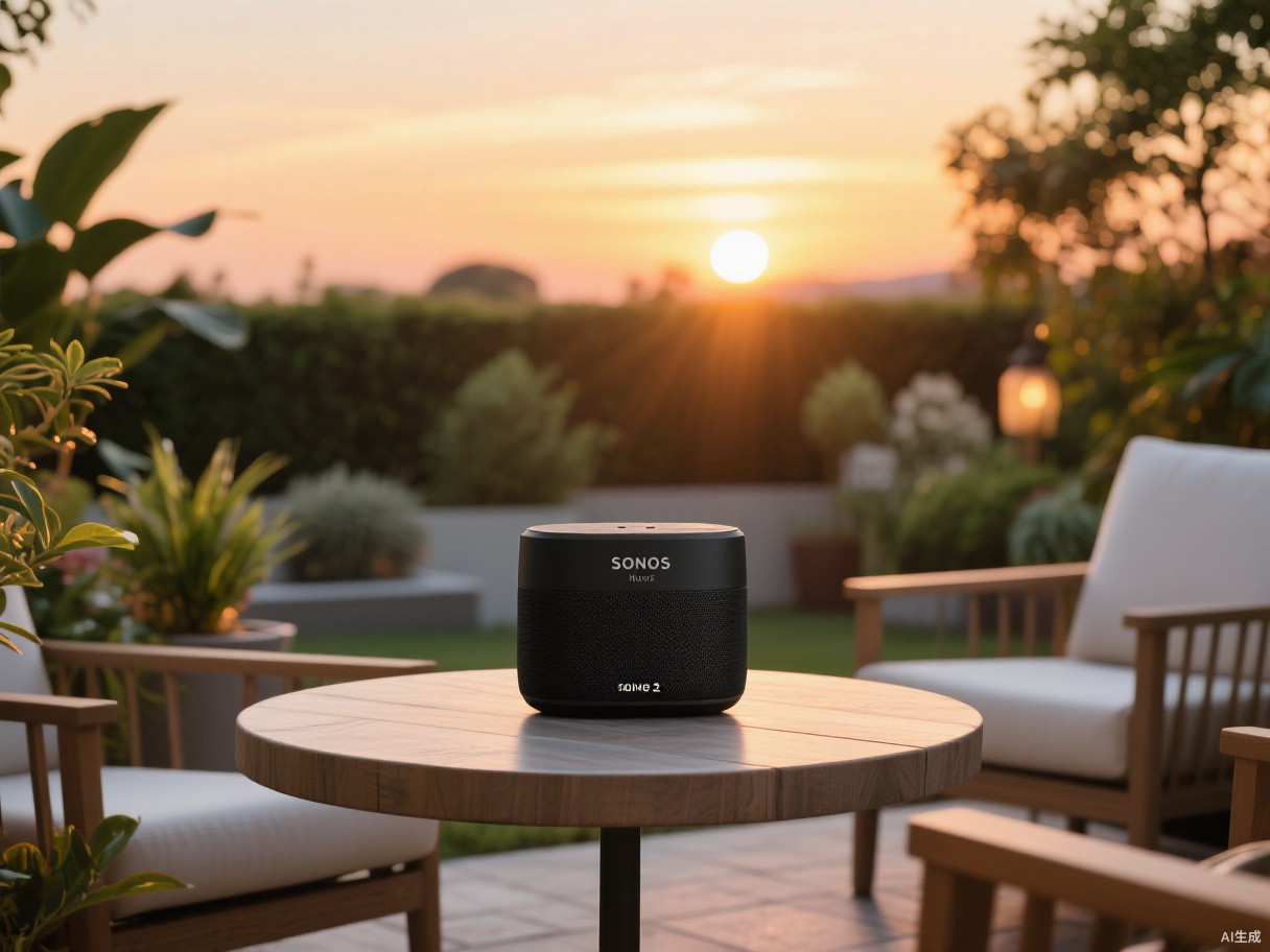 A black Sonos Move 2 speaker on an outdoor patio terrace at sunset